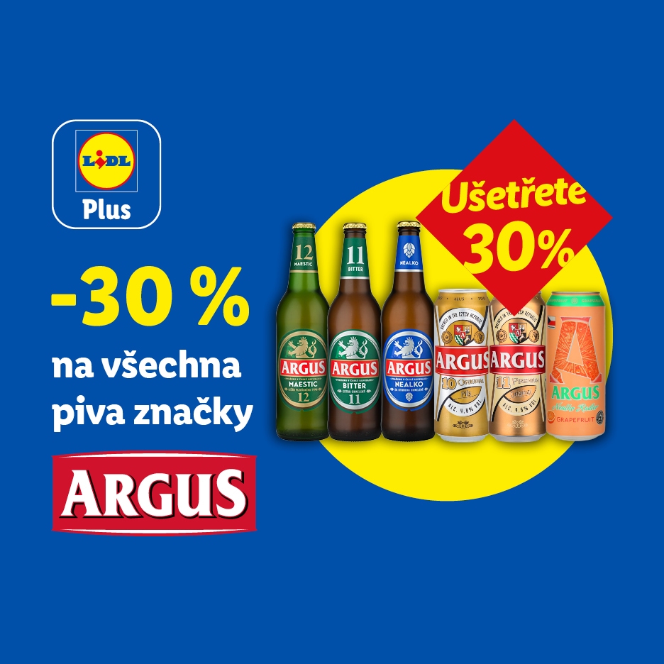 Lidl Plus: Sleva 30 % na všechna piva značky Argus, včetně lahvových a plechovkových variant.