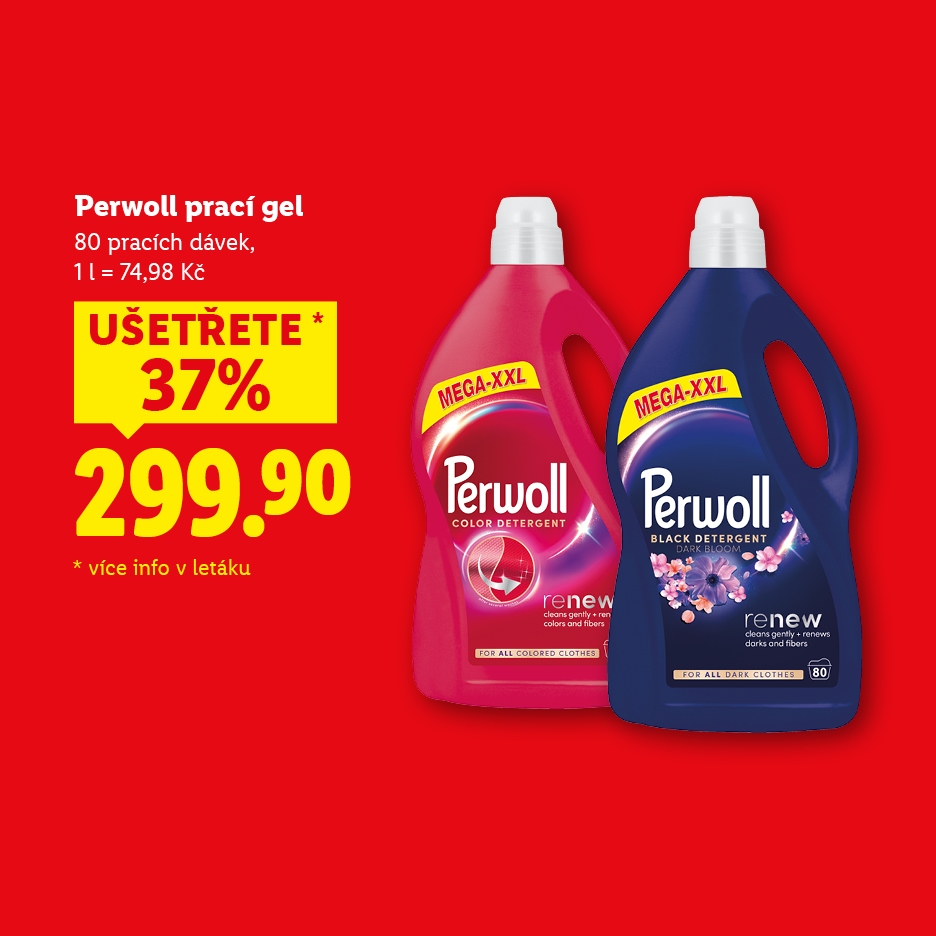 Perwoll prací gel, 80 dávek, 1l za 74,98 Kč, ušetřete 37%, cena 299,90 Kč.