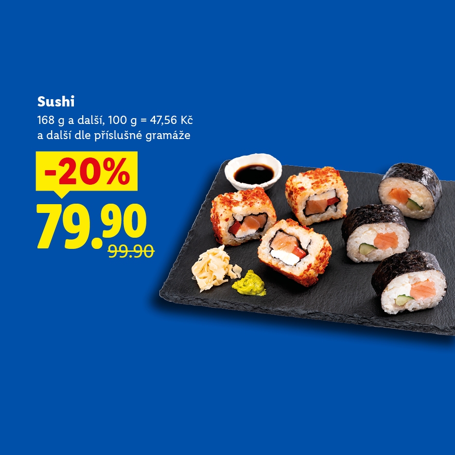 Sushi set s různými druhy maki a uramaki, zázvorem, wasabi a sójovou omáčkou, se slevou 20 % za 79,90 Kč.