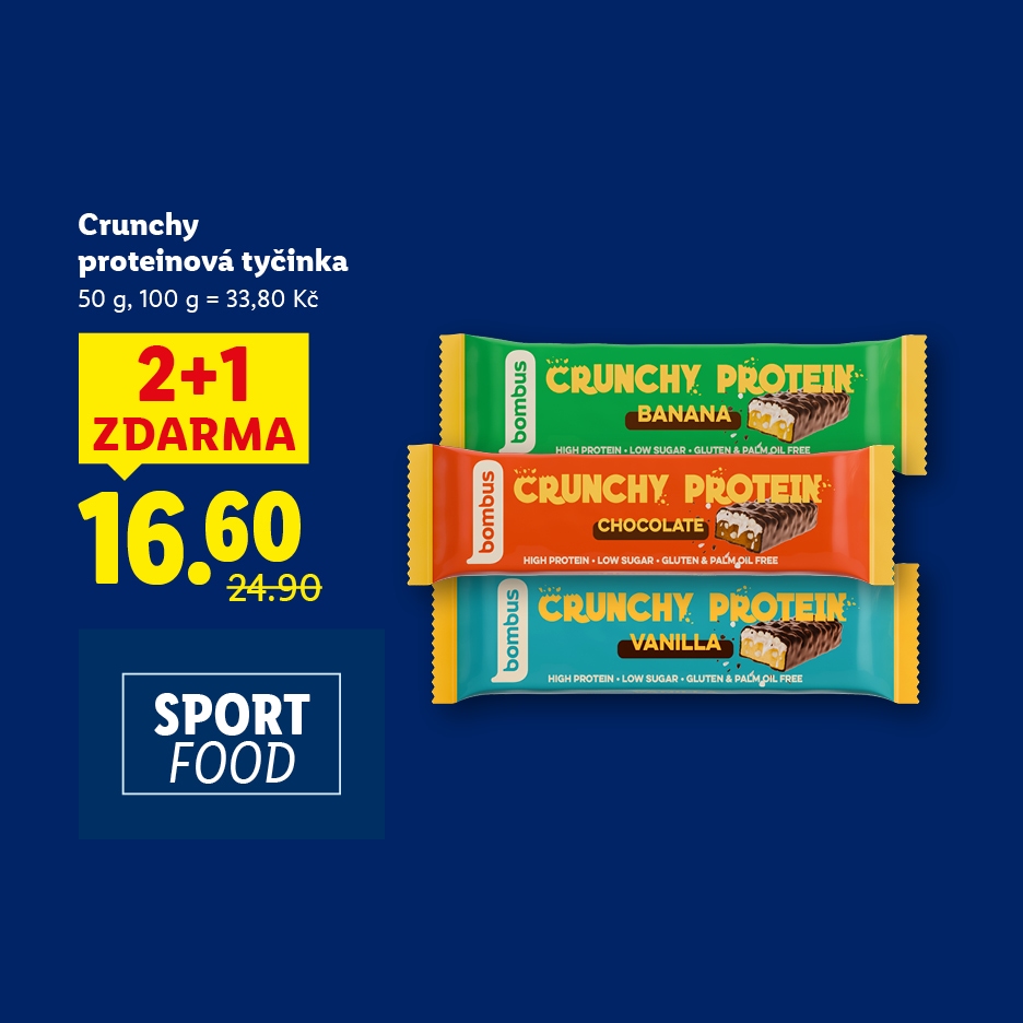Bombus Crunchy proteinové tyčinky s akcí 2+1 zdarma za 16,60 Kč.