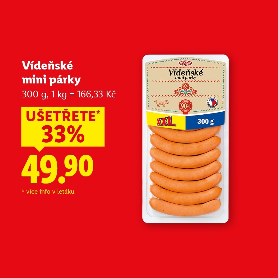Balení vídeňských mini párků s informacemi o slevě 33 % a ceně 49,90 Kč.