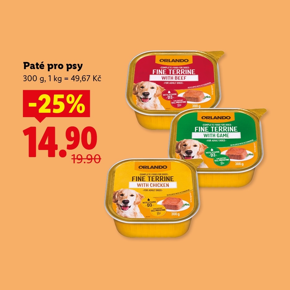 Konzervy pro psy s hovězím, zvěřinou a kuřecím masem, se slevou 25 % za 14,90 Kč.