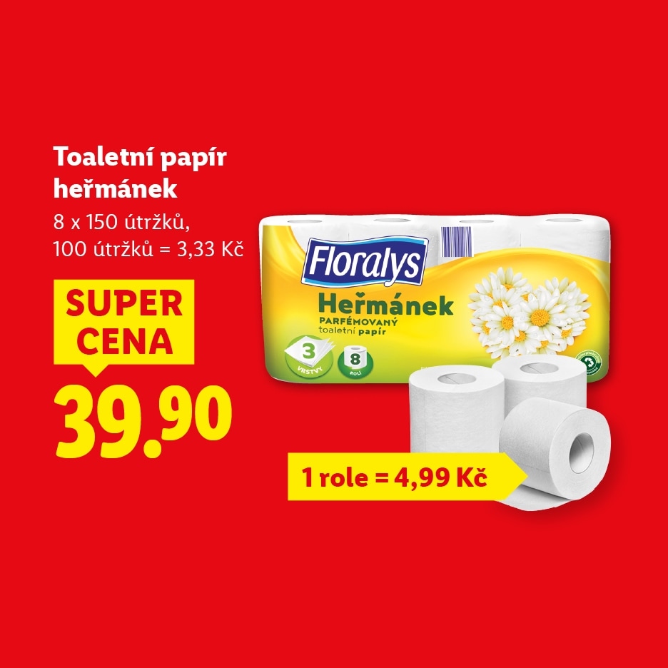 Akční nabídka na toaletní papír s heřmánkovou vůní, 8 rolí za 39,90 Kč.