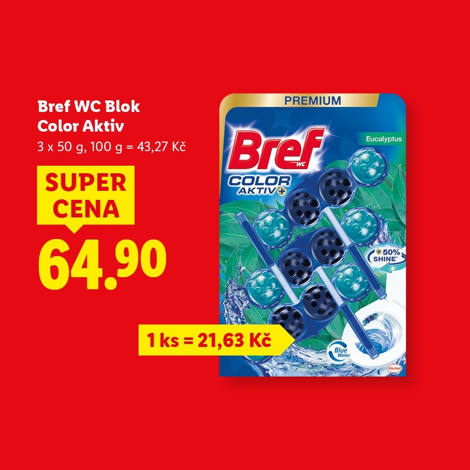 Balení tří WC bloků s vůní eukalyptu, zvýrazněnou cenou 64,90 Kč a informací o slevě.