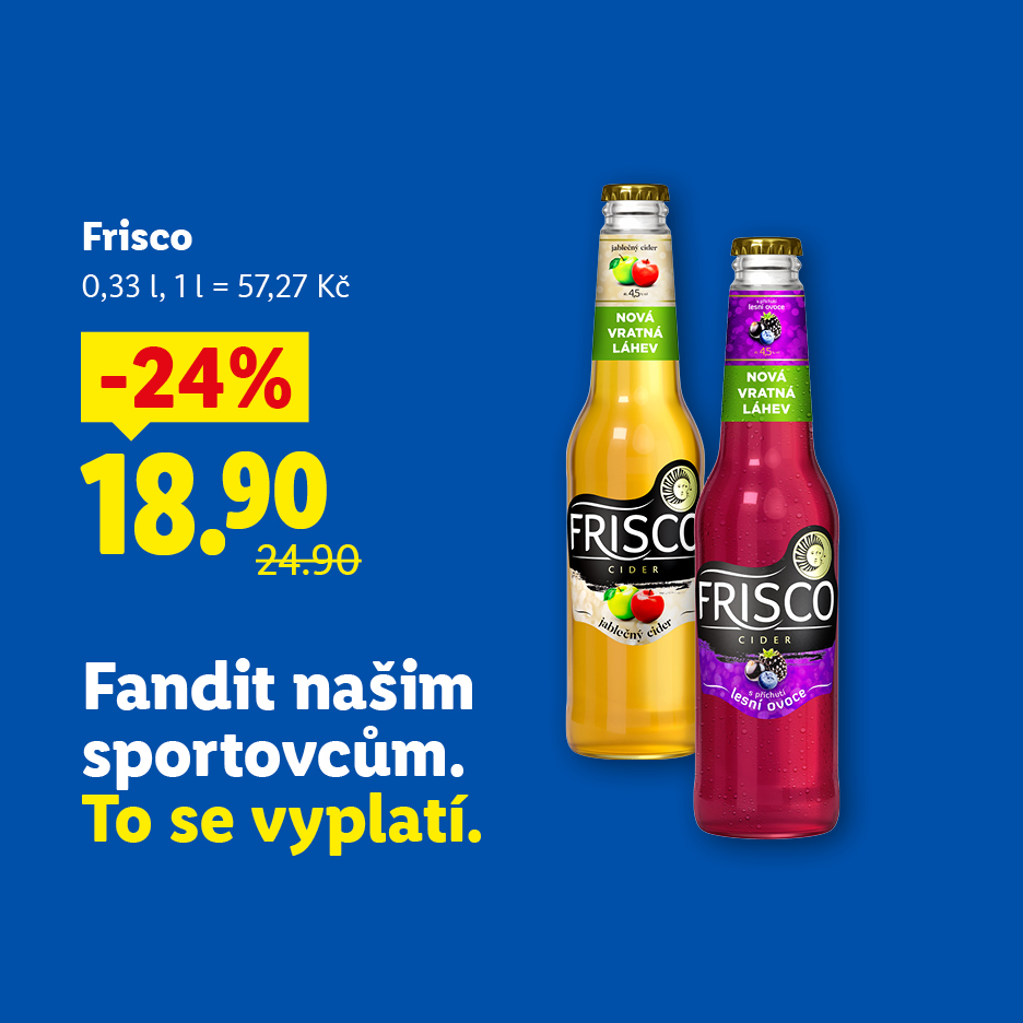 Dvě lahve cideru, jablečný a lesní ovoce, s cenou 18,90 Kč a slevou 24 %.