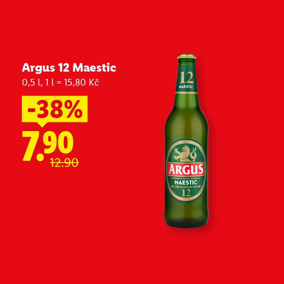 Zelená láhev piva s etiketou a cenovkou 7,90 Kč, původně 12,90 Kč, se slevou 38 %.