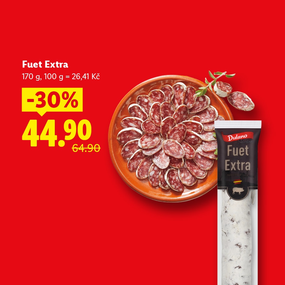 Fuet salám s 30% slevou za 44,90 Kč, původně 64,90 Kč.