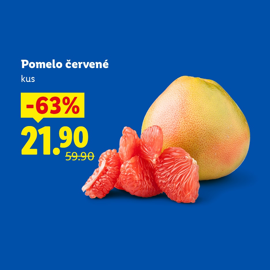 Červené pomelo s 63% slevou za 21.90 (původně 59.90) na modrém pozadí.
