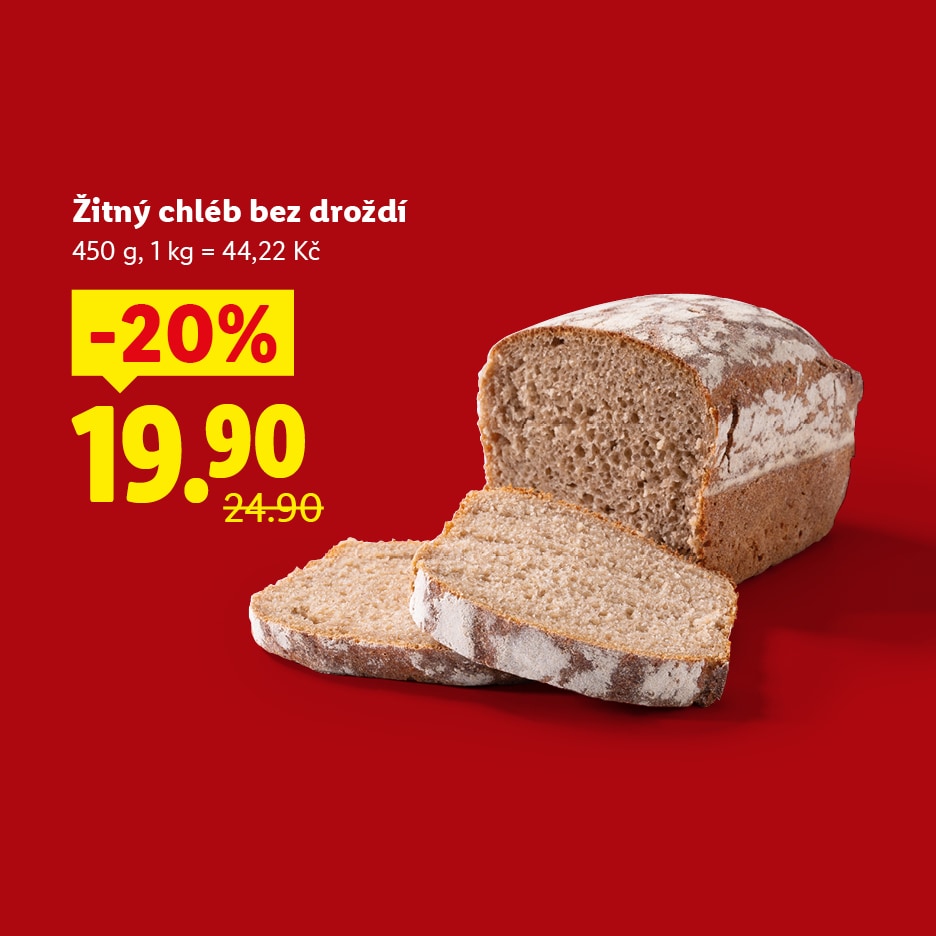Žitný chléb bez droždí, 450 g, se slevou 20 % za 19,90 Kč.