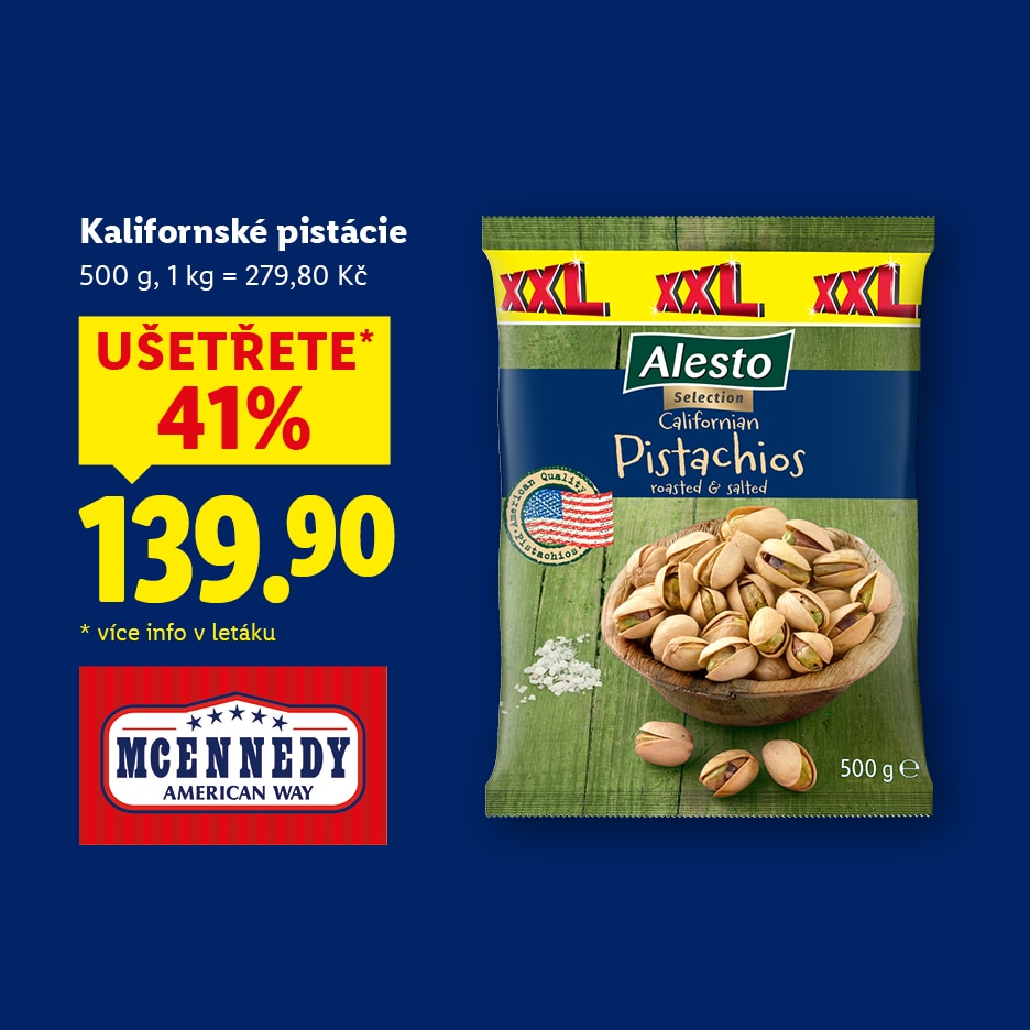Balení kalifornských pistácií s cenou 139,90 Kč a slevou 41 %.
