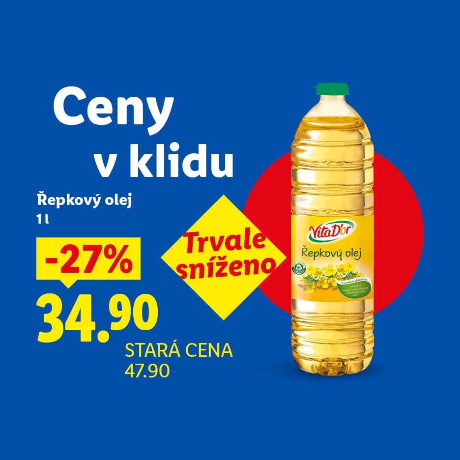 Lidl akce na řepkový olej: -27% sleva, nová cena 34.90 Kč, stará cena 47.90 Kč.