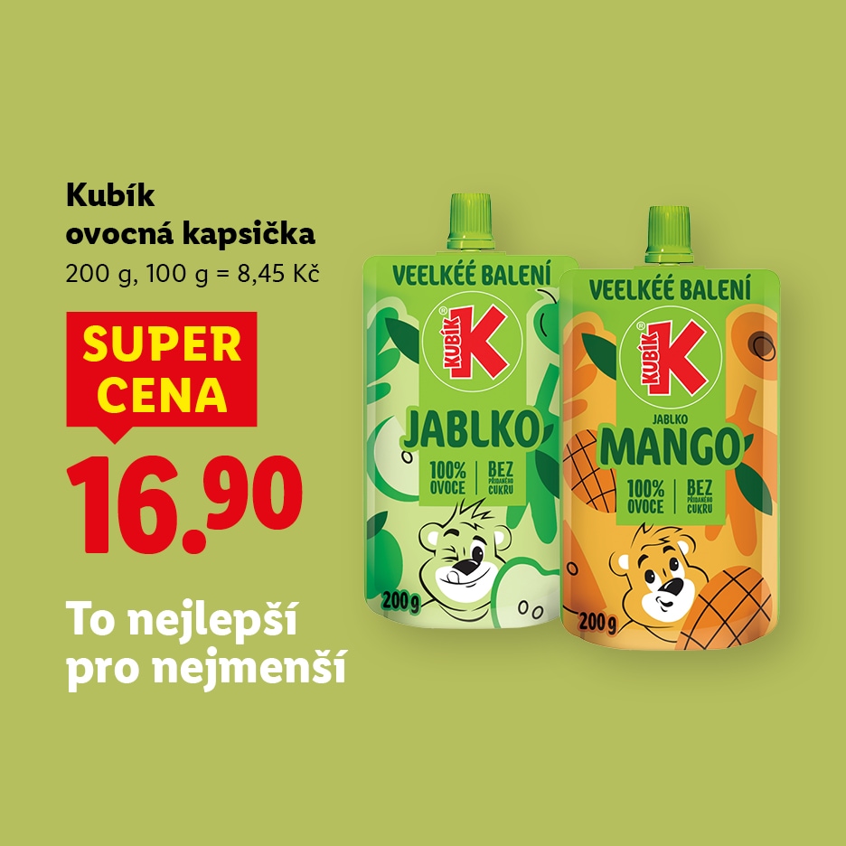 Dvě ovocné kapsičky s příchutí jablka a manga, s cenou 16,90 Kč a nápisem „SUPER CENA“.