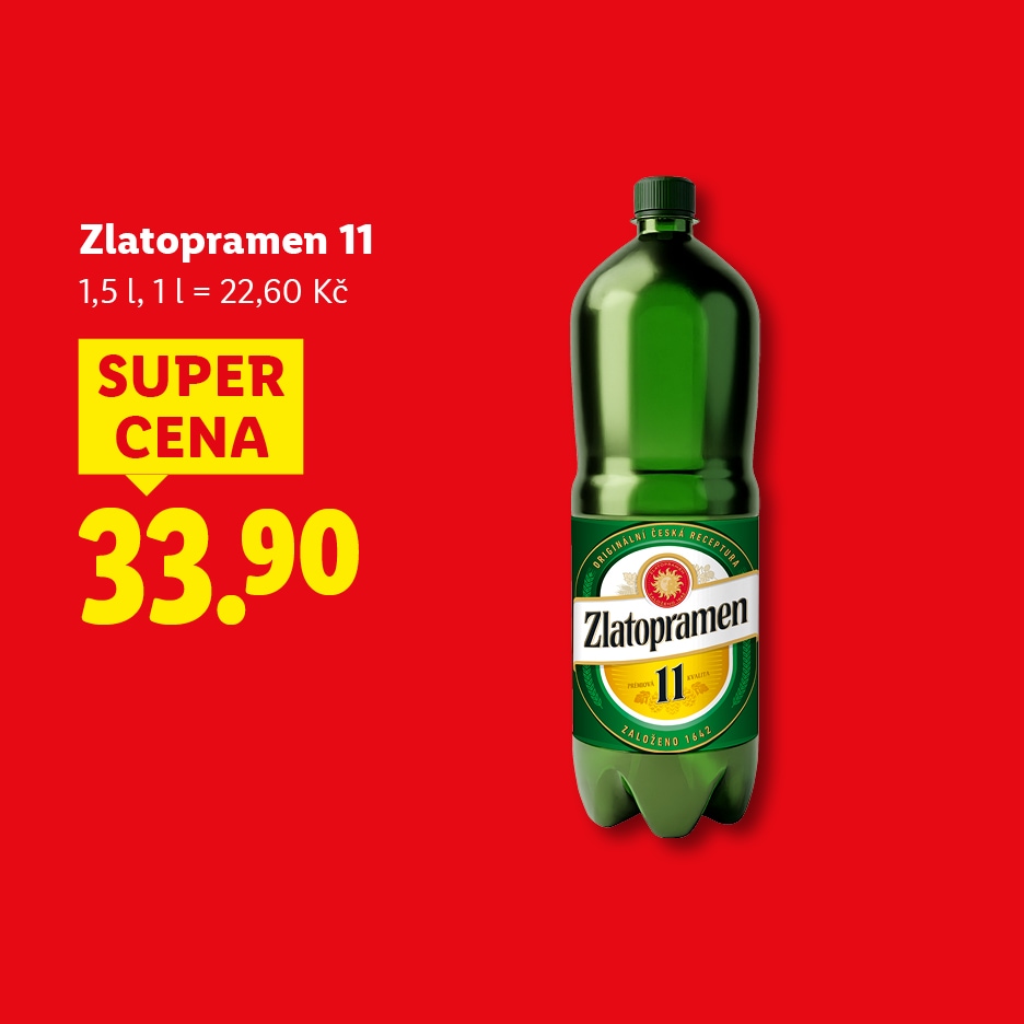 Zelená láhev piva s etiketou, cena 33.90 Kč a nápis SUPER CENA.