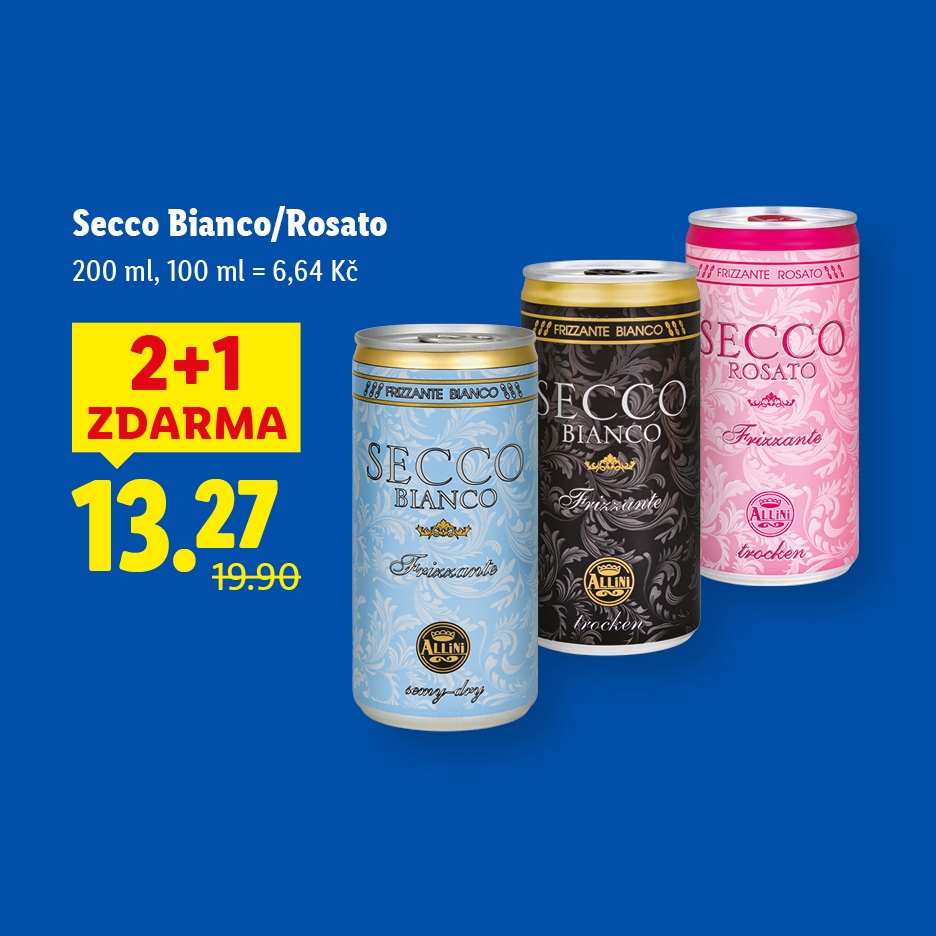 Tři plechovky šumivého vína (bílé, černé a růžové) s akční nabídkou 2+1 zdarma za 13,27 Kč.