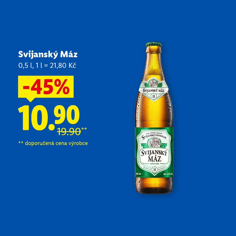 Láhev piva s cenou 10,90 Kč, původně 19,90 Kč, se slevou 45 %.