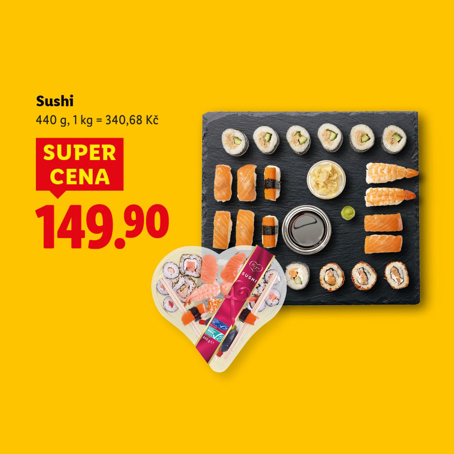 Sushi set s nigiri, maki a uramaki, včetně srdíčkového balení, za super cenu 149.90 Kč.