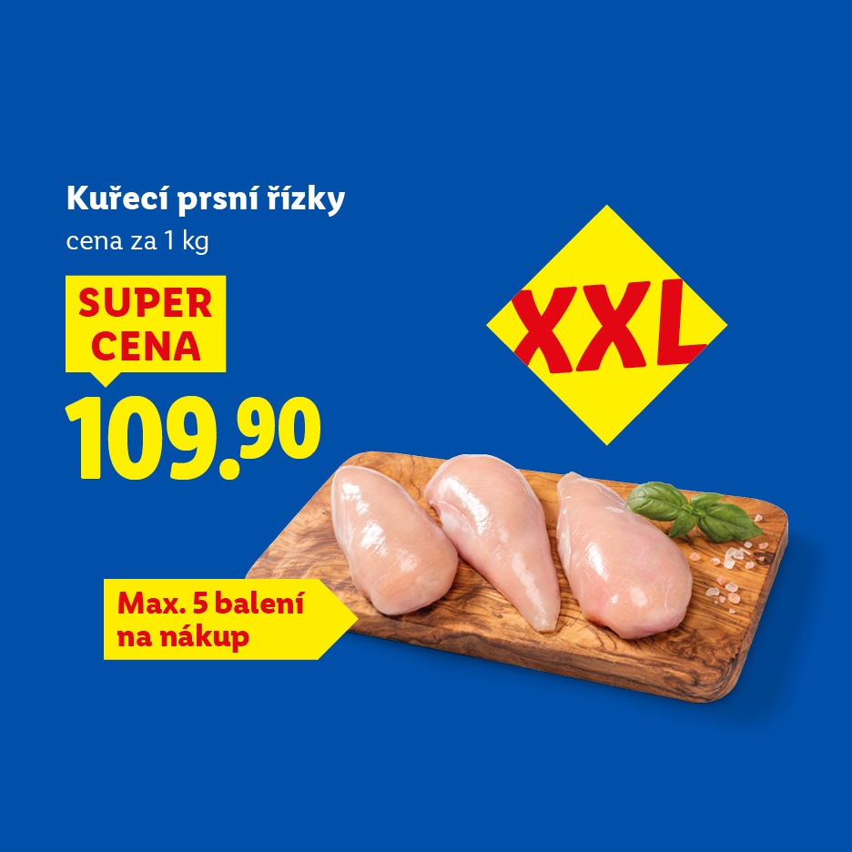 Kuřecí prsní řízky za super cenu 109,90 Kč za 1 kg, s omezením na 5 balení na nákup.