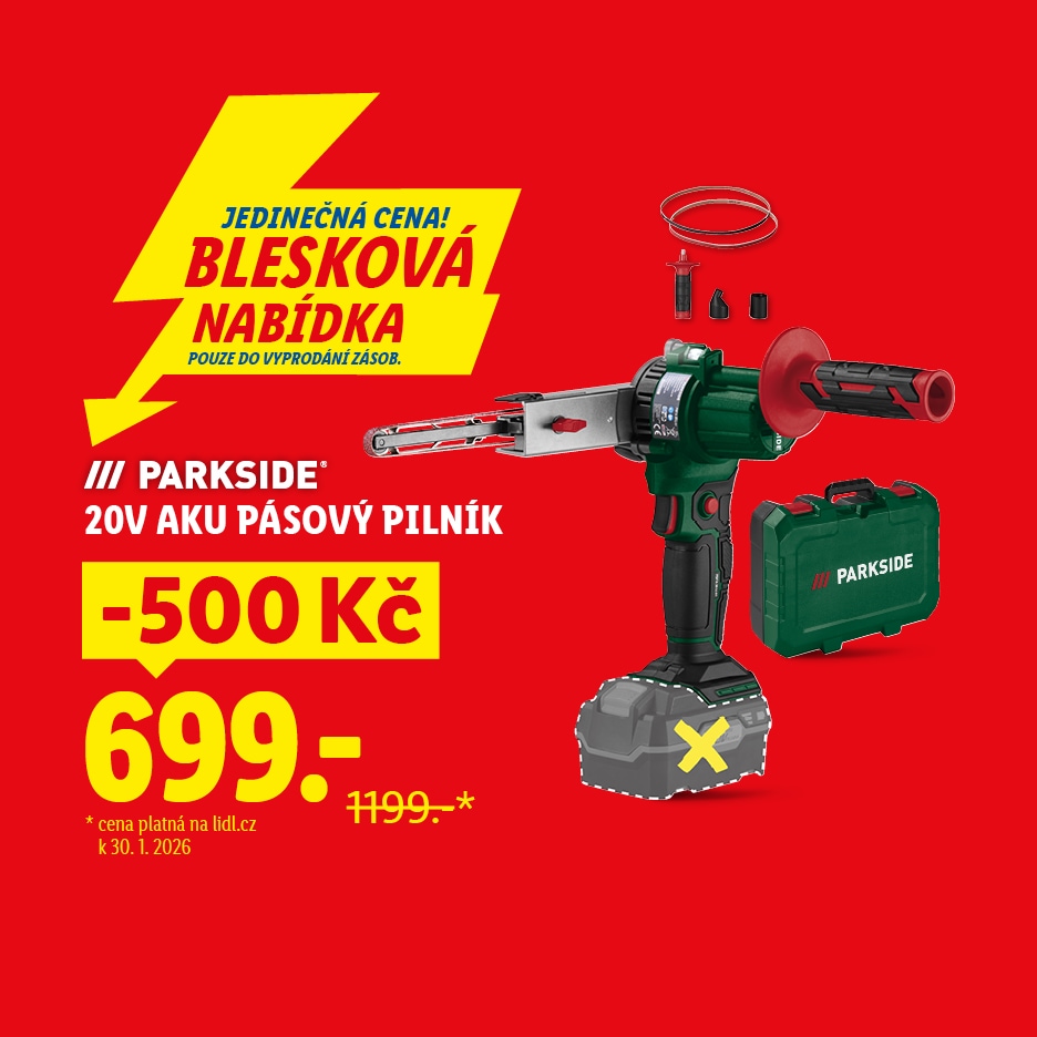Akumulátorová pásová bruska s pouzdrem, zvýrazněná jako „Blesková nabídka“ za 699 Kč.