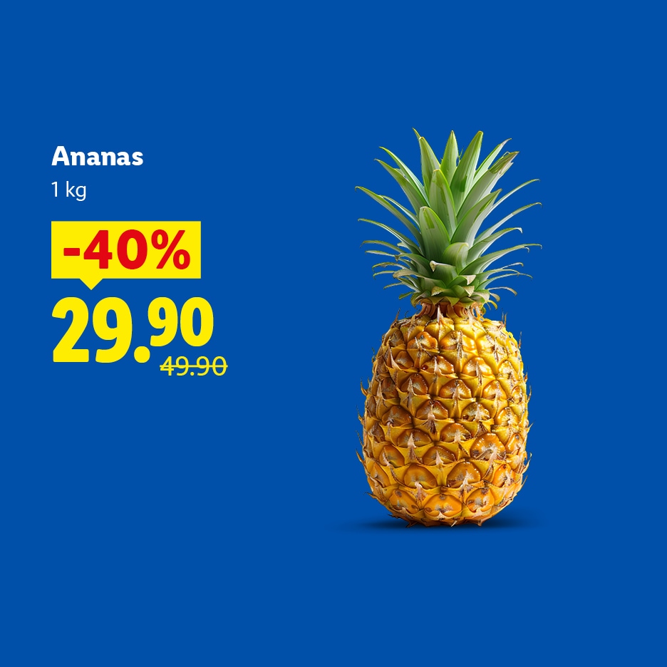 Ananas 1 kg se slevou 40 % za 29,90 (původně 49,90) na modrém pozadí.