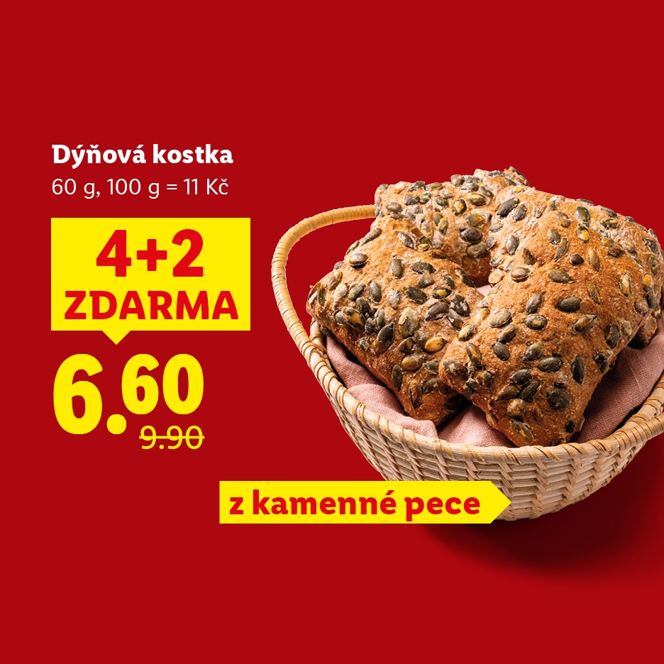 Dýňová kostka v košíku, akce 4+2 zdarma, cena 6,60 Kč, z kamenné pece.