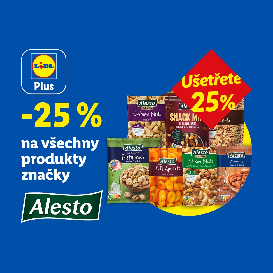 Propagační obrázek s 25% slevou na různé ořechy a sušené ovoce, včetně kešu, pistácií, meruněk a směsi ořechů.
