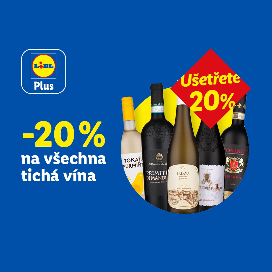Propagace Lidl Plus s 20% slevou na tichá vína, zobrazující různé lahve bílého a červeného vína.