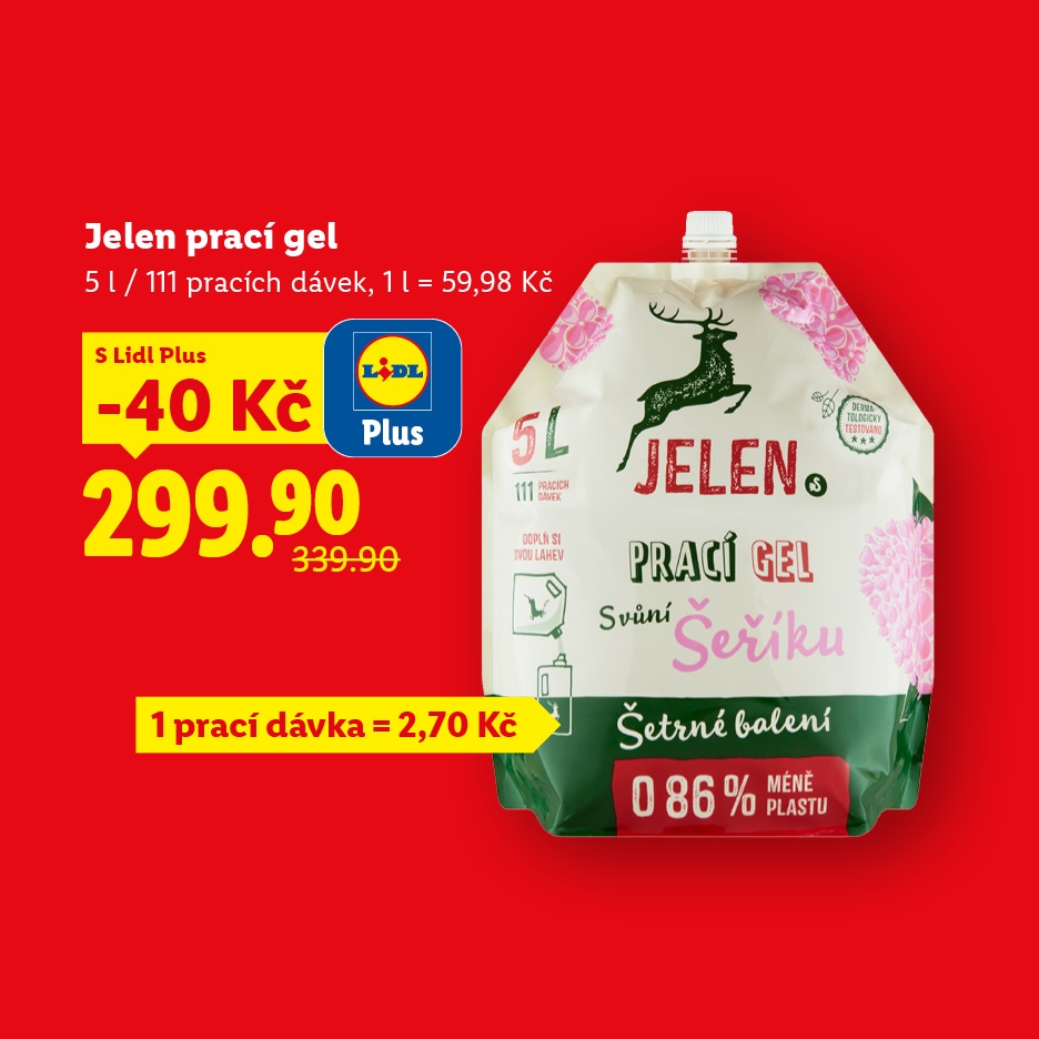 Prací gel v ekologickém balení s jelenem, zvýhodněná cena s Lidl Plus.