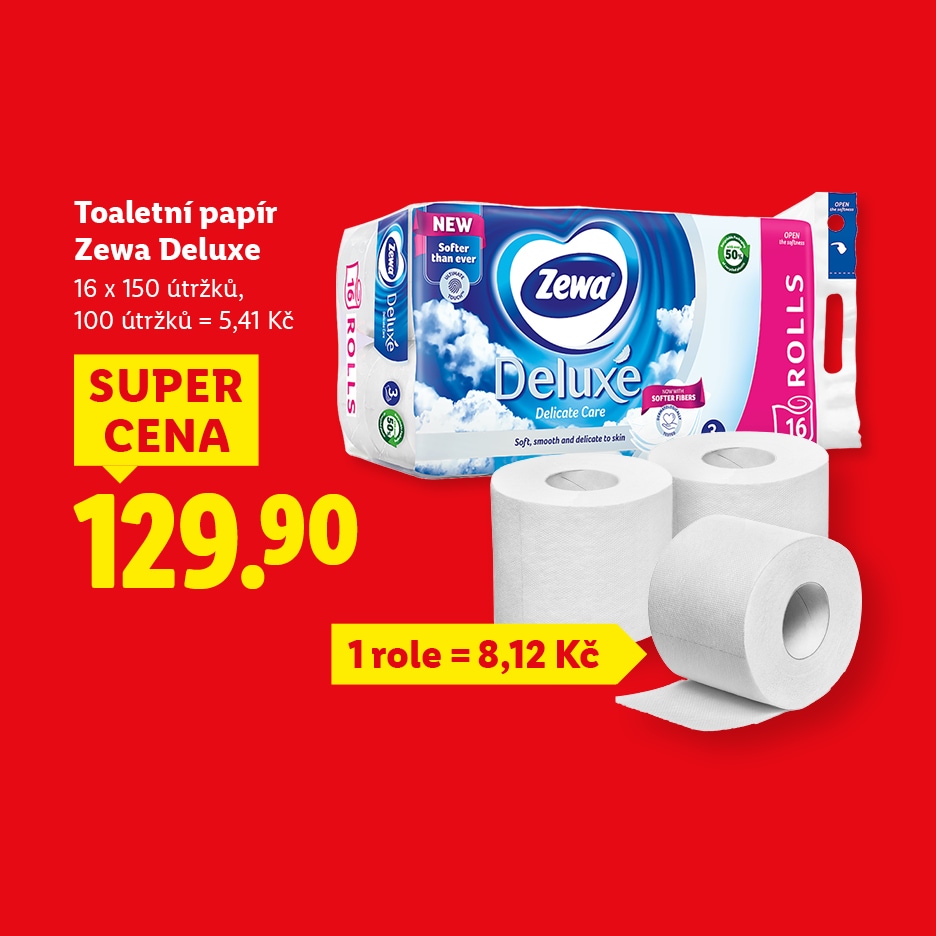 Balení 16 rolí toaletního papíru s cenou 129,90 Kč a informacemi o počtu útržků.