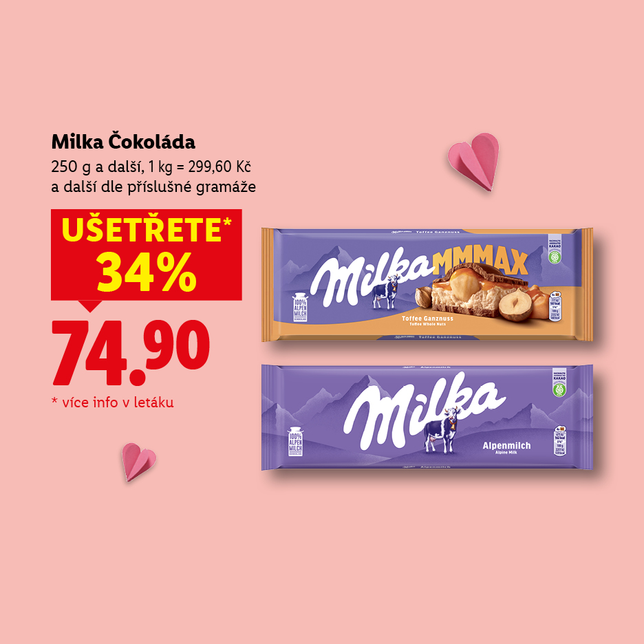 Reklama na čokoládu s výraznou slevou 34 % a cenou 74,90 Kč.