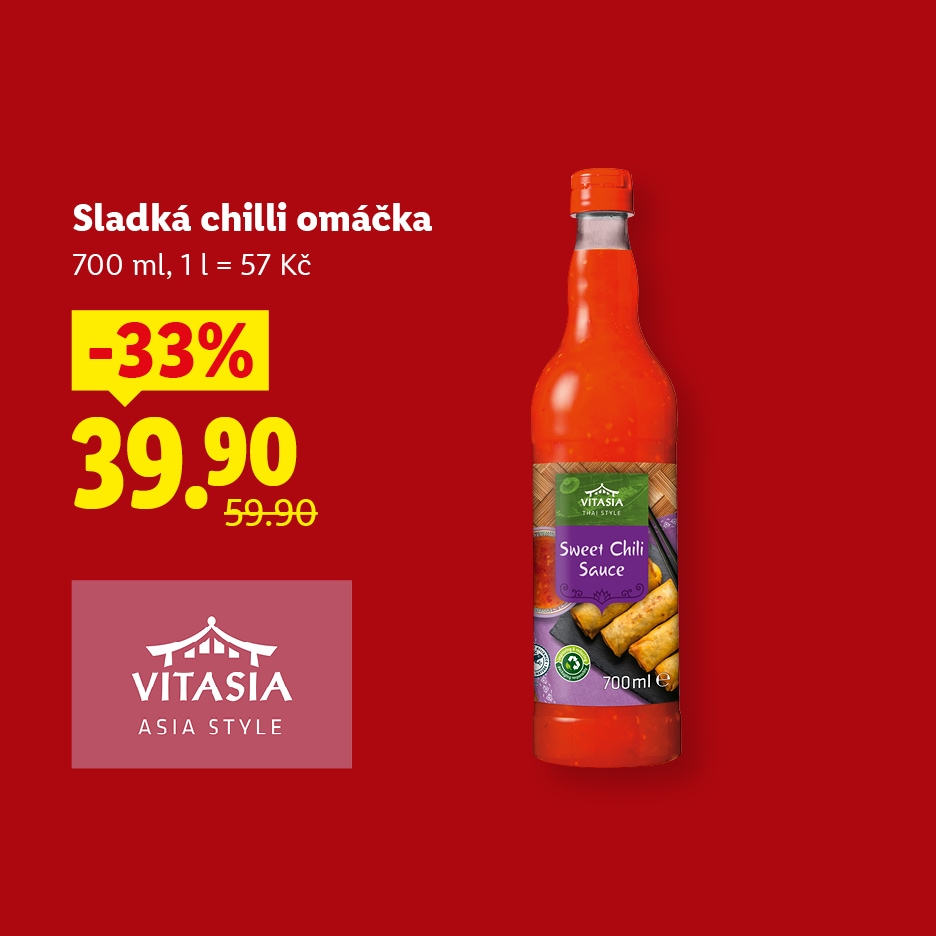 Láhev sladké chilli omáčky s cenovkou 39,90 Kč a slevou 33 %.