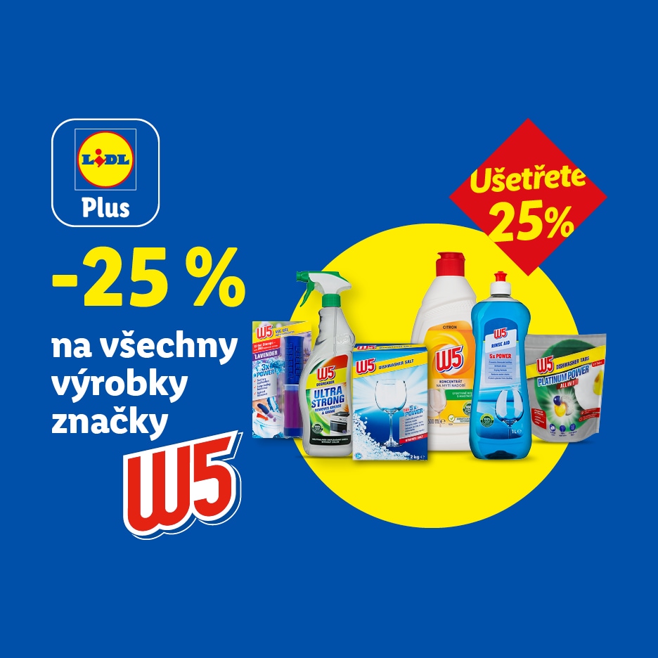 Lidl Plus: Sleva 25 % na všechny čisticí prostředky, včetně tablet do myčky a čističů.