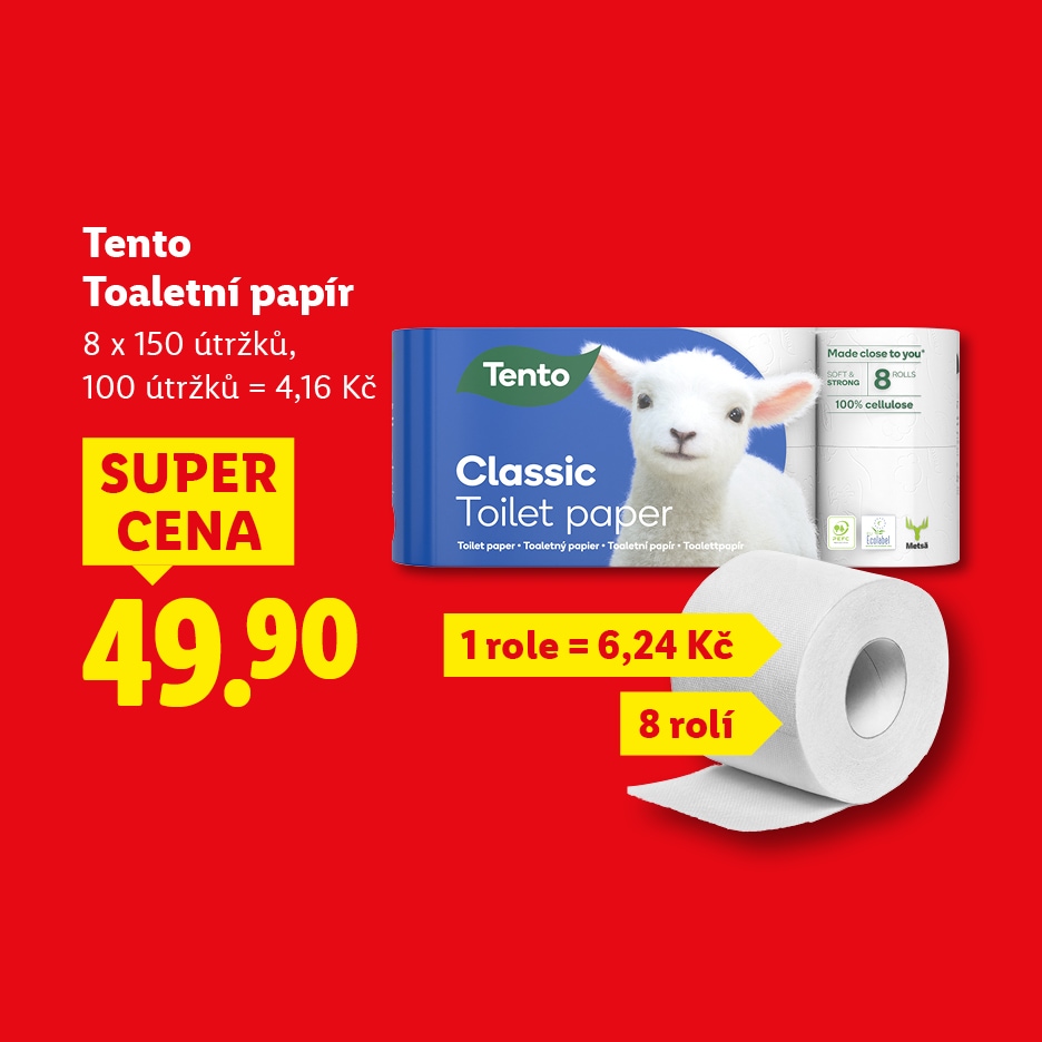 Balení toaletního papíru s osmi rolemi, cena 49,90 Kč.