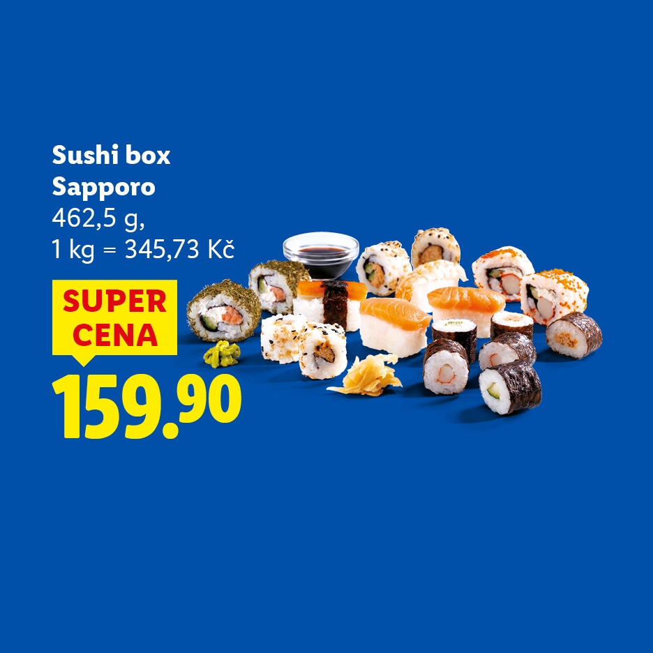 Sushi box s různými druhy sushi, sójovou omáčkou a zázvorem, cena 159.90 Kč.