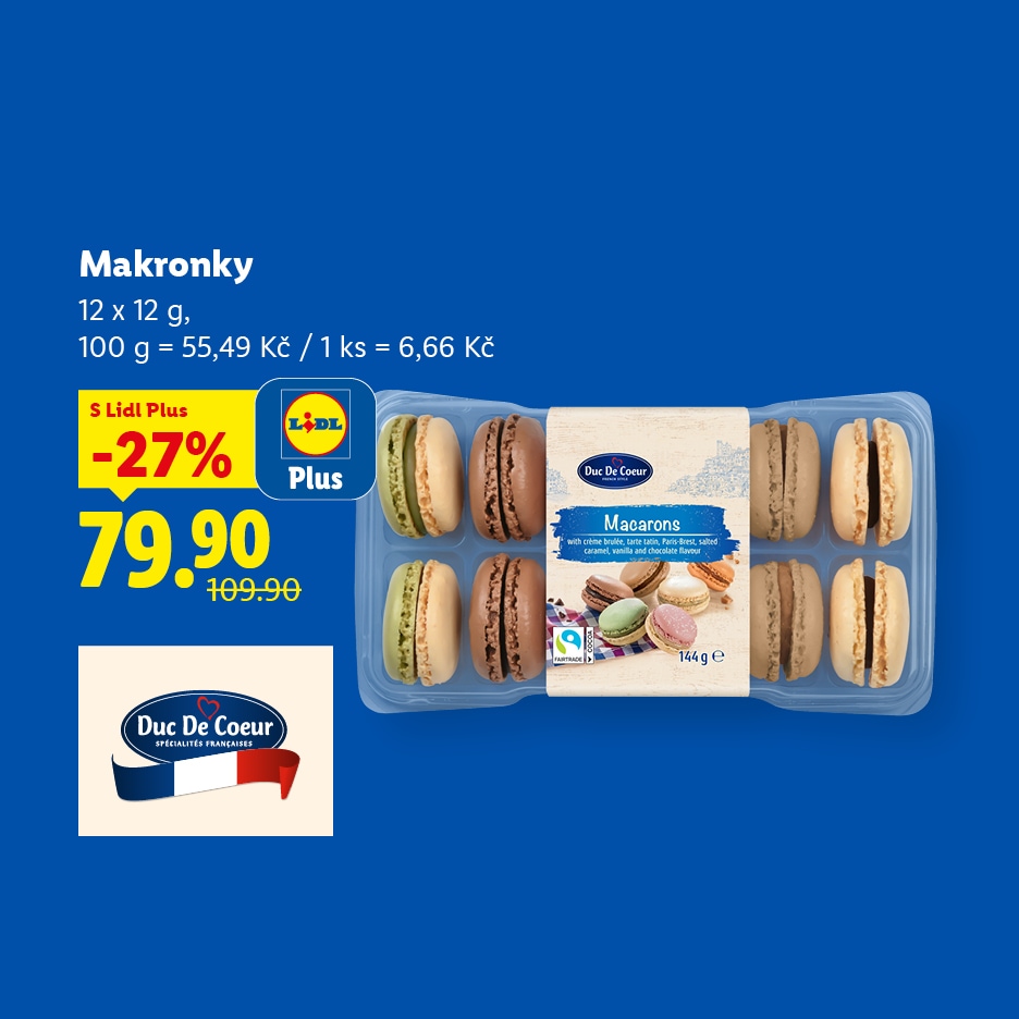 Balení makronek s různými příchutěmi, zvýrazněné slevou 27 % a cenou 79,90 Kč.