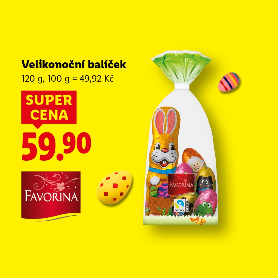 Velikonoční balíček s čokoládovým zajíčkem a vajíčky, cena 59.90 Kč.
