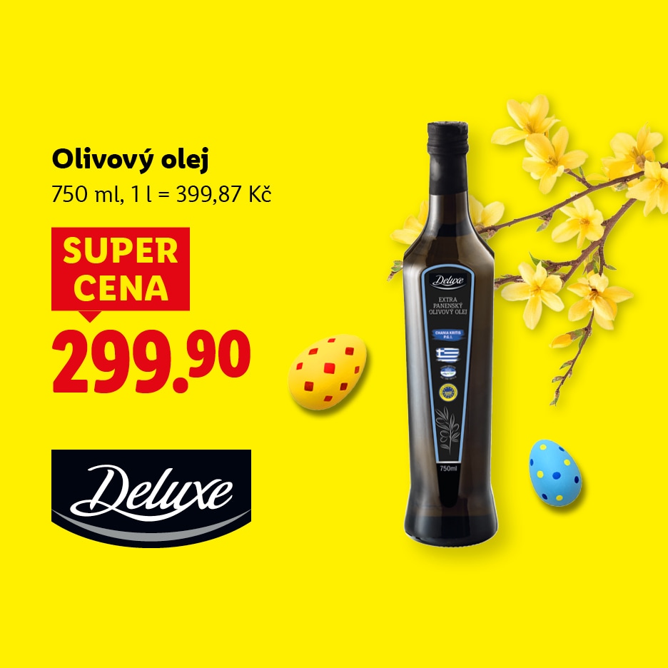 Akční nabídka na olivový olej 750 ml za 299,90 Kč, s velikonočními vajíčky a jarními květy.