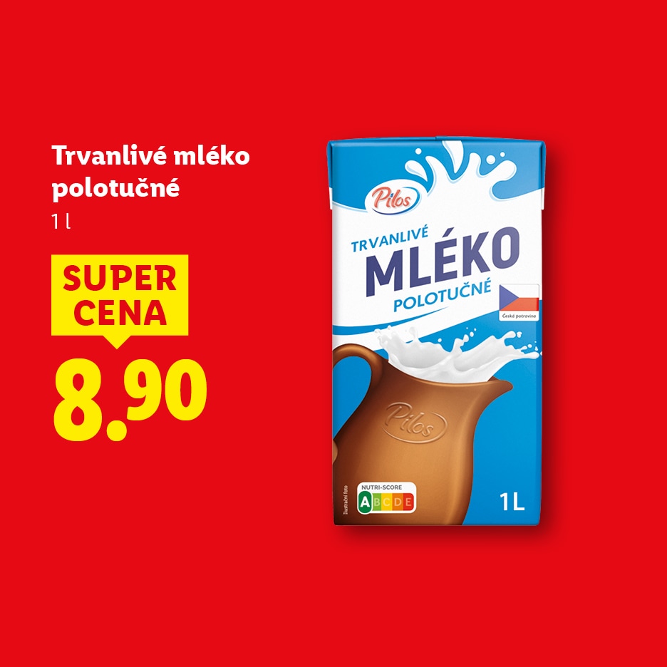 Trvanlivé polotučné mléko 1l za super cenu 8.90.