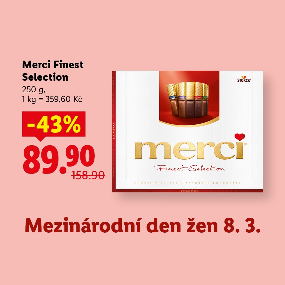 Krabička s výběrem čokolád s 43% slevou za 89,90 Kč, s textem „Mezinárodní den žen 8. 3.“