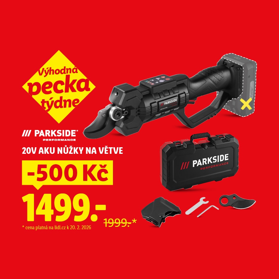 Akumulátorové nůžky na větve s pouzdrem a příslušenstvím, zvýrazněné jako 'výhodná pecka týdne' se slevou 500 Kč.