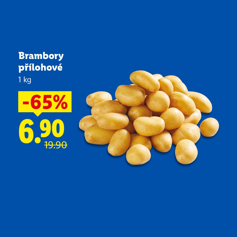 Hromada brambor na modrém pozadí s cenou 6,90 a slevou 65 %.