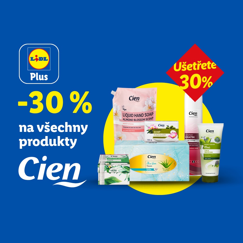 Reklama na 30% slevu na kosmetické produkty, včetně tekutého mýdla, kapesníků a krému na ruce.