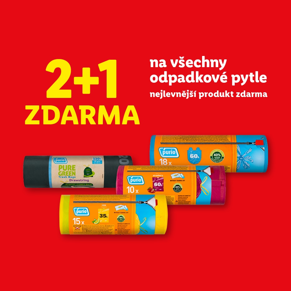Akce 2+1 zdarma na všechny odpadkové pytle, nejlevnější produkt zdarma.
