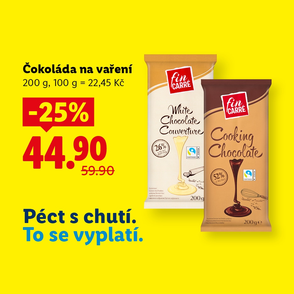 Bílá a tmavá čokoláda na vaření s 25% slevou, nyní za 44,90 Kč.