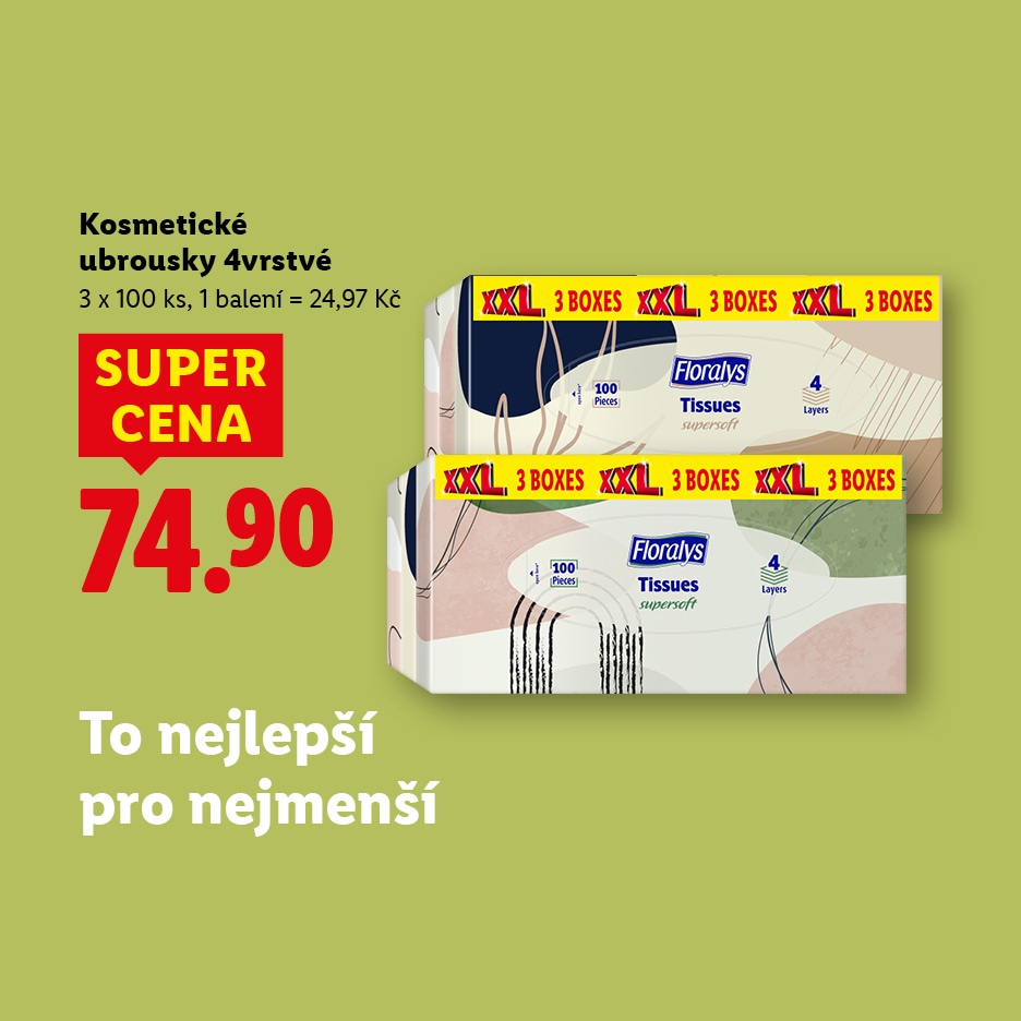 Akční nabídka na kosmetické ubrousky, 3 krabice po 100 kusech, za super cenu 74,90 Kč.