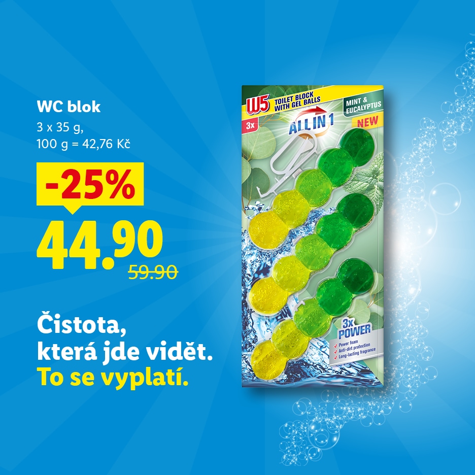 WC blok s gelovými kuličkami s mátou a eukalyptem, sleva 25 % na 44,90 Kč.
