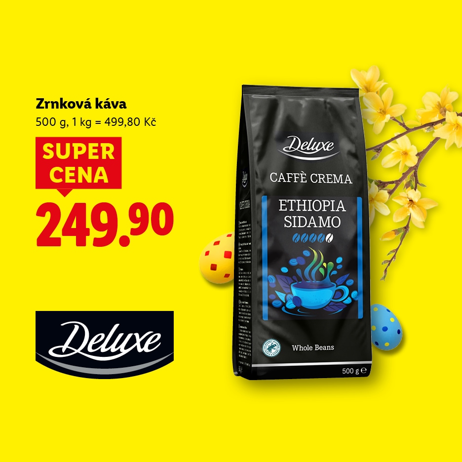 Balení zrnkové kávy s cenou 249,90 Kč, s velikonočními vajíčky a žlutými květy.