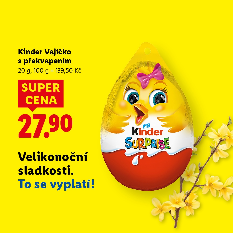 Velikonoční čokoládové vajíčko s překvapením ve tvaru kuřátka, cena 27,90 Kč.