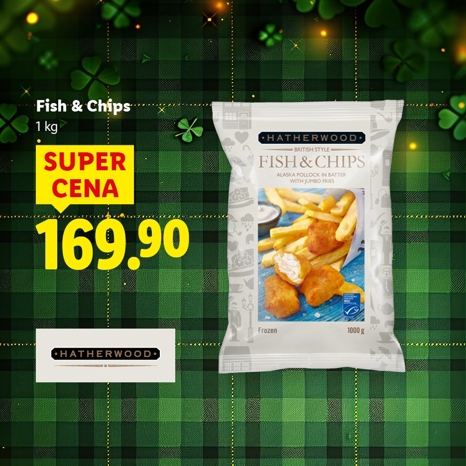 Obal mražených ryb a hranolek s cenou 169,90 a nápisem 'SUPER CENA' na zeleném kostkovaném pozadí.