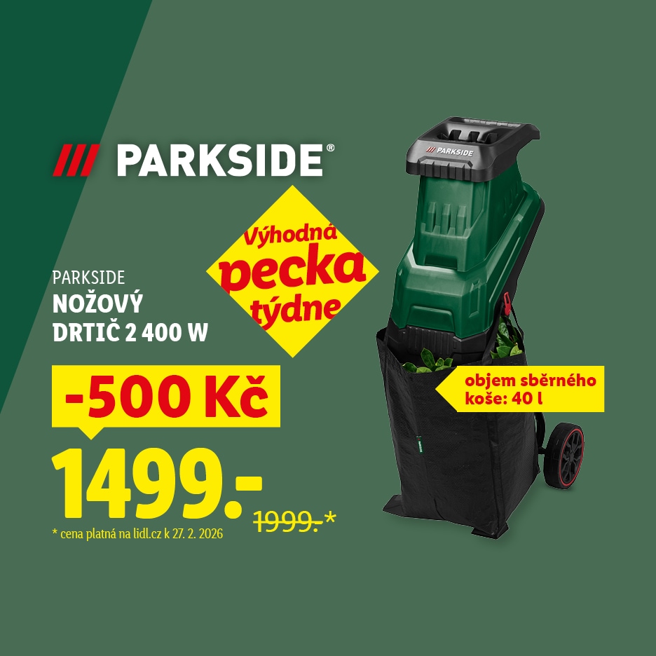 Zahradní drtič s výkonem 2400 W a objemem sběrného koše 40 l, se slevou 500 Kč za 1499 Kč.