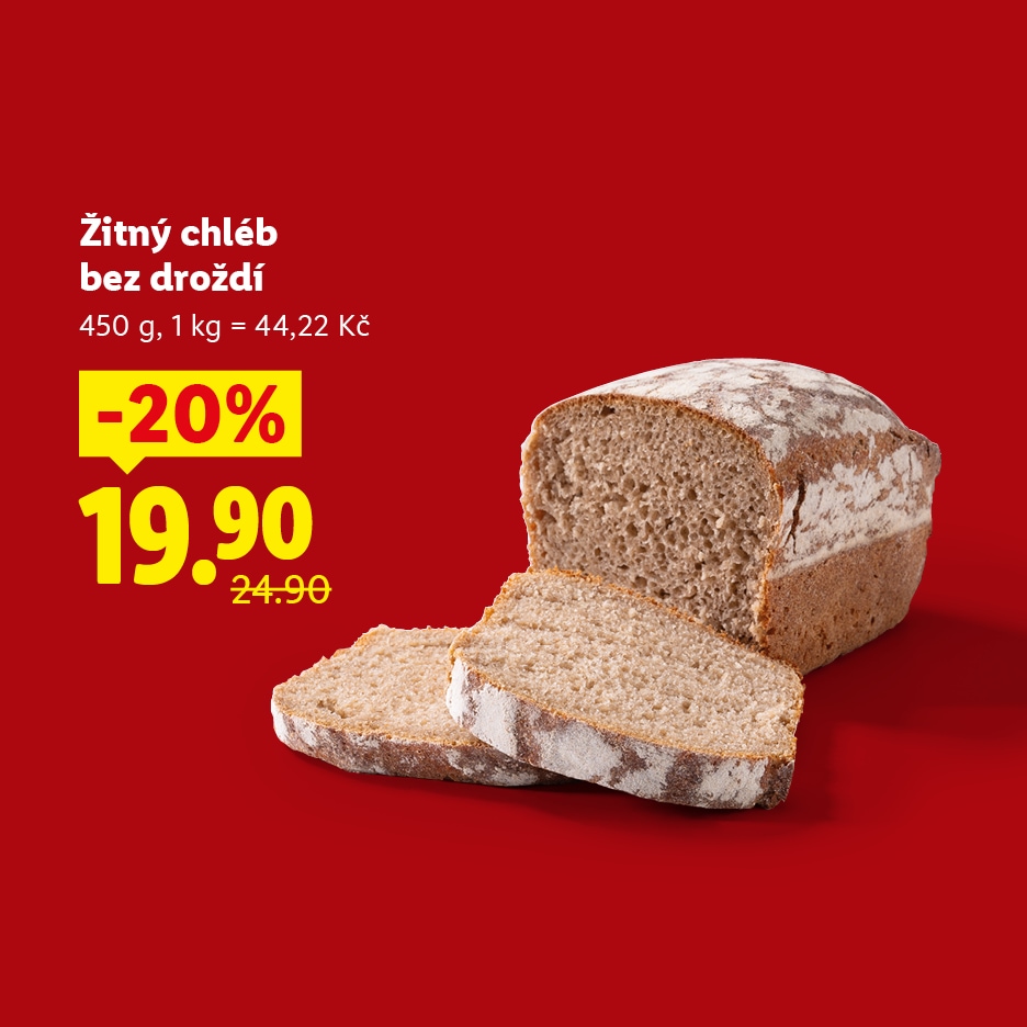 Žitný chléb bez droždí, 450 g, s 20% slevou za 19,90 Kč.